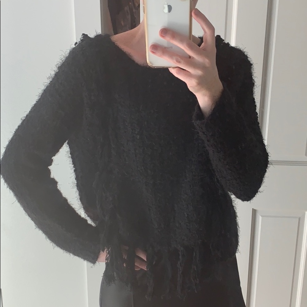 Line & Dot Black Fringe Sweater